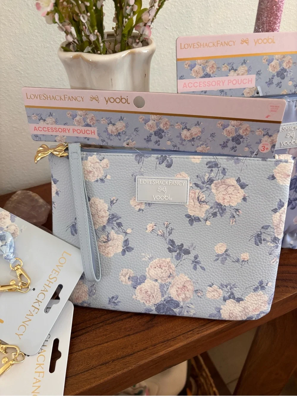 LoveShackFancy Lavender Floral Accessory Pouch and phone clips